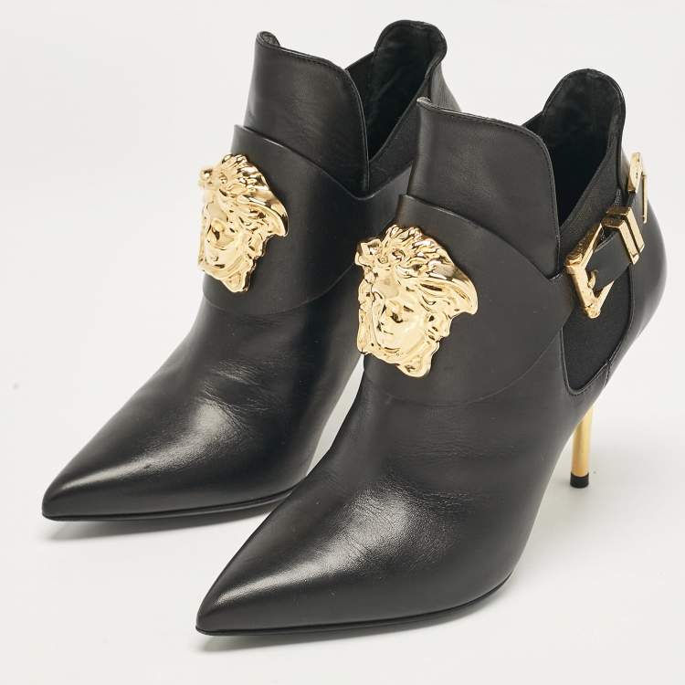 Pre Owned Versace Black Leather Medusa Head Ankle Booties Size 35