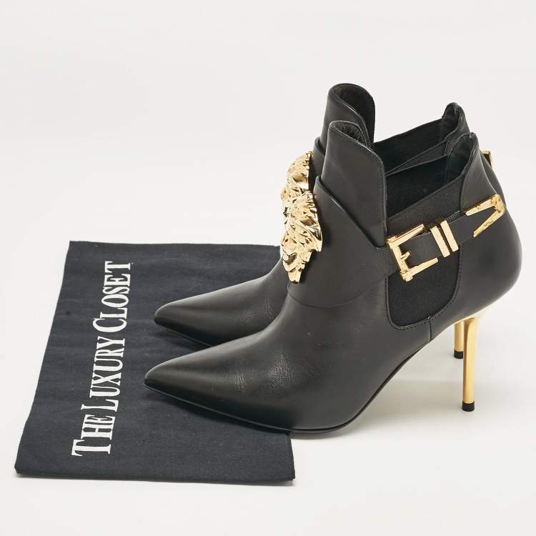 Pre Owned Versace Black Leather Medusa Head Ankle Booties Size 35