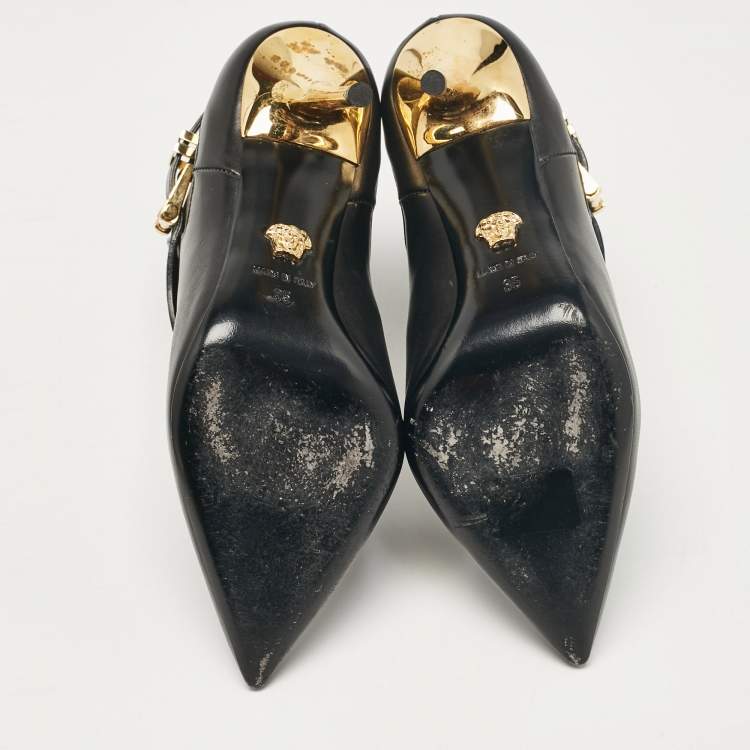Pre Owned Versace Black Leather Medusa Head Ankle Booties Size 35