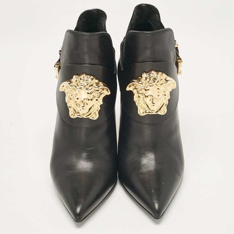 Pre Owned Versace Black Leather Medusa Head Ankle Booties Size 35