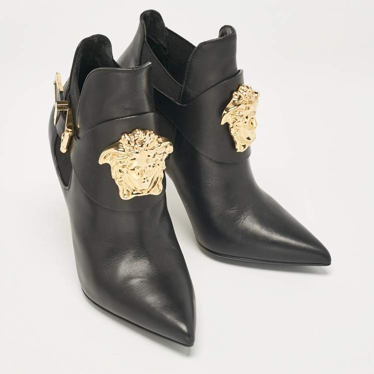 Pre Owned Versace Black Leather Medusa Head Ankle Booties Size 35