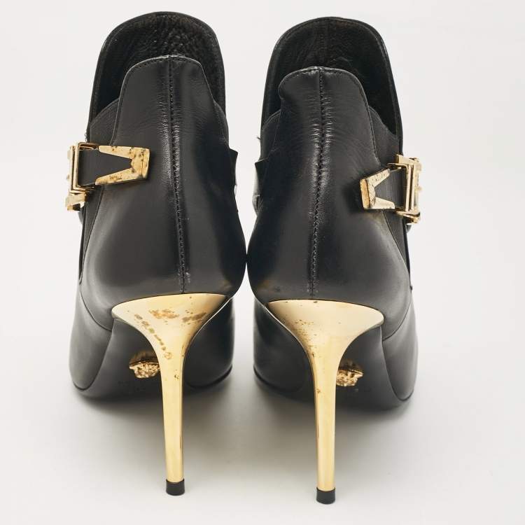 Pre Owned Versace Black Leather Medusa Head Ankle Booties Size 35