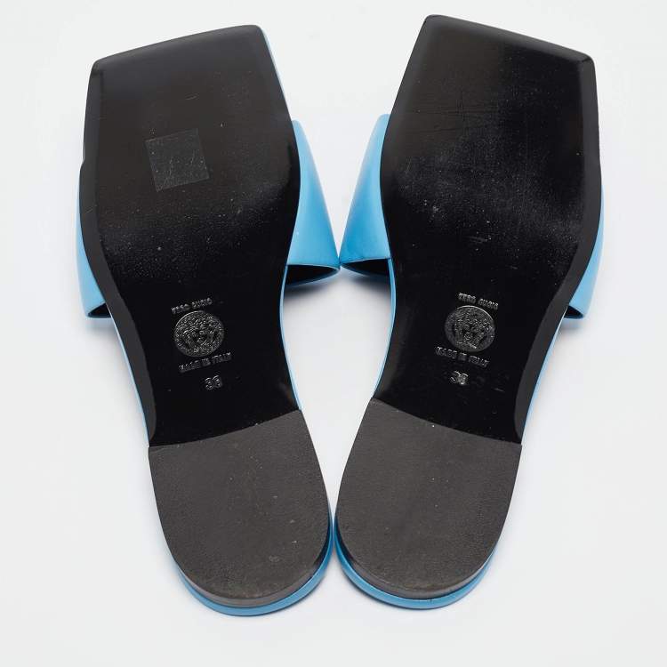 Pre Owned Versace Blue Leather Flat Slides Size 38