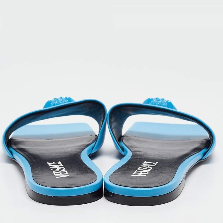 Pre Owned Versace Blue Leather Flat Slides Size 38