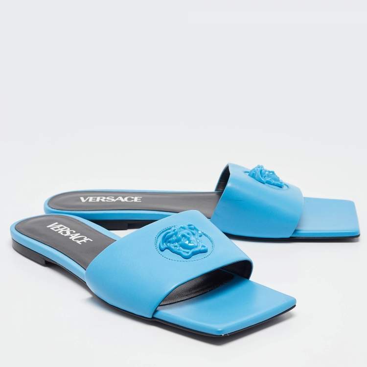 Pre Owned Versace Blue Leather Flat Slides Size 38