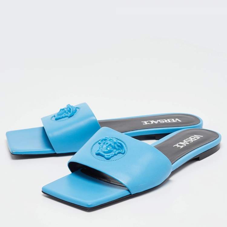 Pre Owned Versace Blue Leather Flat Slides Size 38