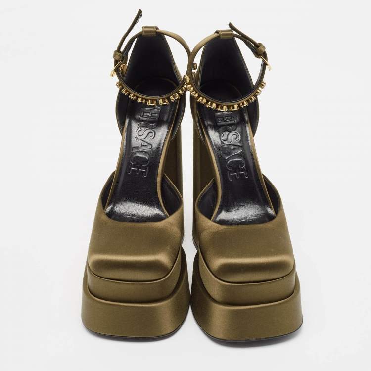 Pre Owned Versace Khaki Green Satin Crystal Embellished Aevitas Pumps Size 37