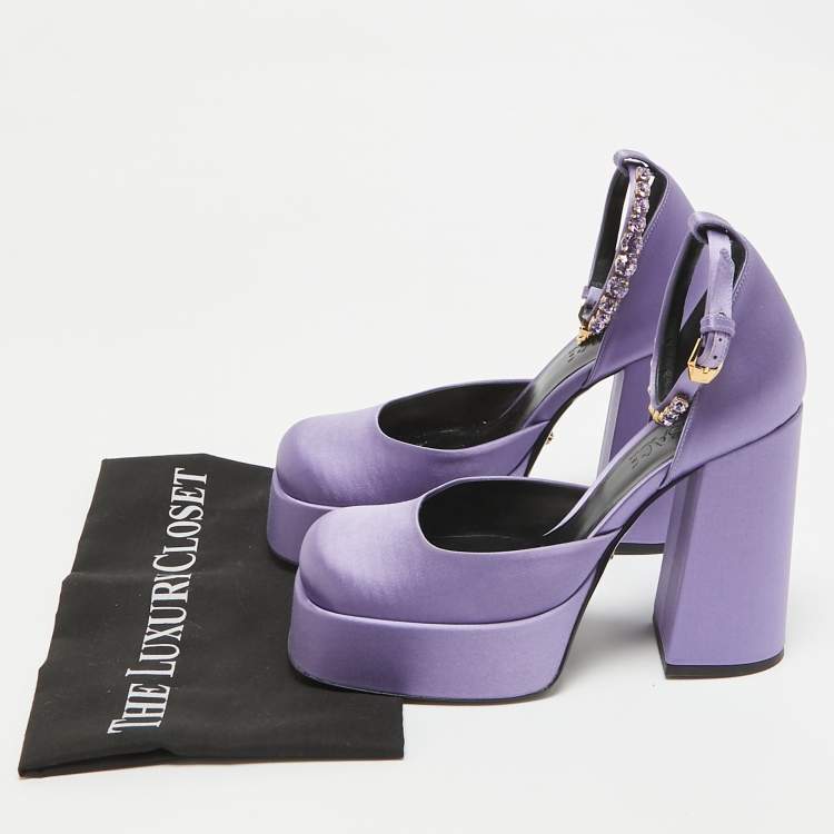 Pre Owned Versace Purple Satin Crystal Embellished Aevitas Platform Pumps Size 38.5