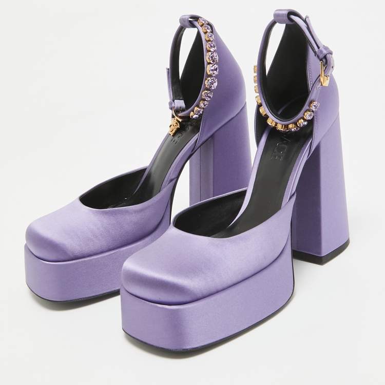 Pre Owned Versace Purple Satin Crystal Embellished Aevitas Platform Pumps Size 38.5