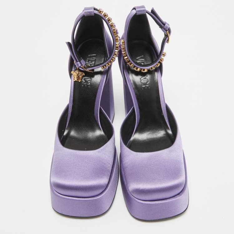 Pre Owned Versace Purple Satin Crystal Embellished Aevitas Platform Pumps Size 38.5