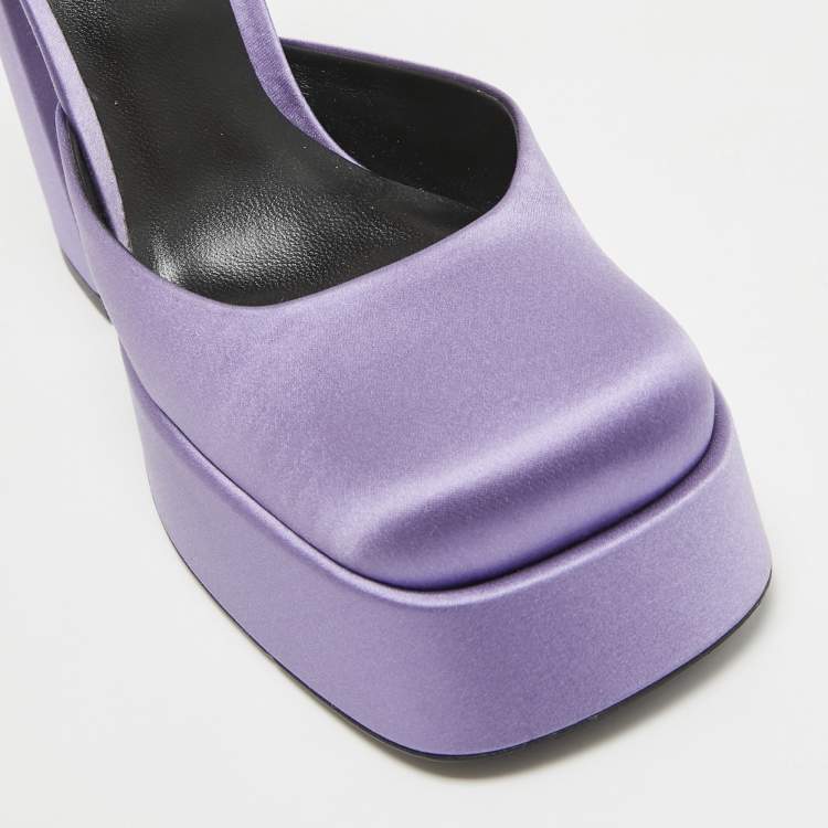 Pre Owned Versace Purple Satin Crystal Embellished Aevitas Platform Pumps Size 38.5