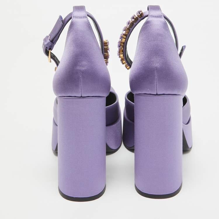 Pre Owned Versace Purple Satin Crystal Embellished Aevitas Platform Pumps Size 38.5