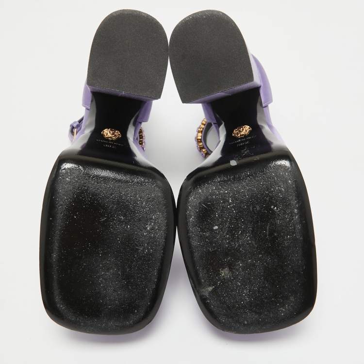 Pre Owned Versace Purple Satin Crystal Embellished Aevitas Platform Pumps Size 38.5