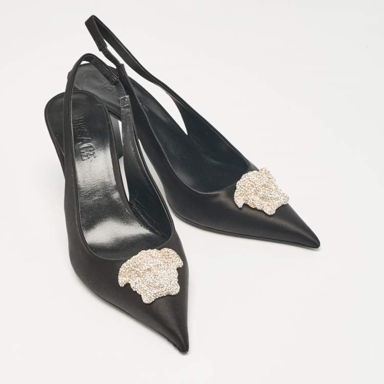 Pre Owned Versace Black Satin Crystal Embellished La Medusa Slingback Pumps Size 38