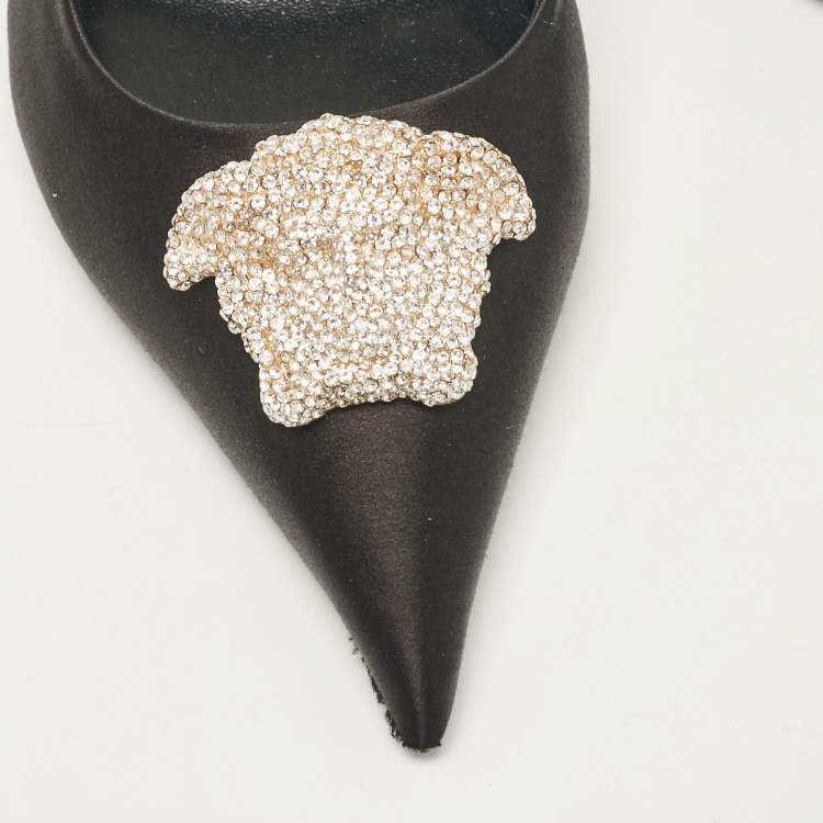 Pre Owned Versace Black Satin Crystal Embellished La Medusa Slingback Pumps Size 38
