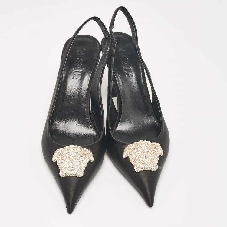 Pre Owned Versace Black Satin Crystal Embellished La Medusa Slingback Pumps Size 38