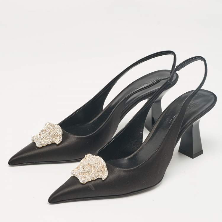 Pre Owned Versace Black Satin Crystal Embellished La Medusa Slingback Pumps Size 38