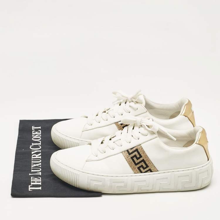 Pre Owned Versace White/Gold Leather Greca Low Top Sneakers Size 40