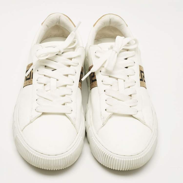 Pre Owned Versace White/Gold Leather Greca Low Top Sneakers Size 40