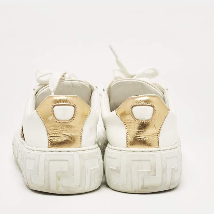 Pre Owned Versace White/Gold Leather Greca Low Top Sneakers Size 40