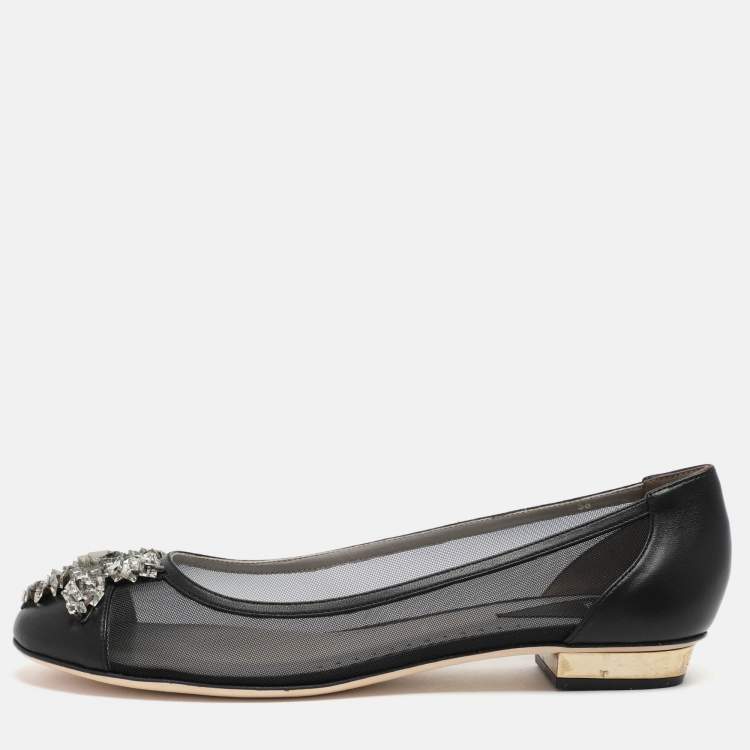 Pre Owned Versace Black Leather and Mesh Embellished Ballet Flats Size 38