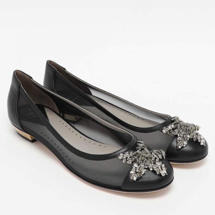Pre Owned Versace Black Leather and Mesh Embellished Ballet Flats Size 38