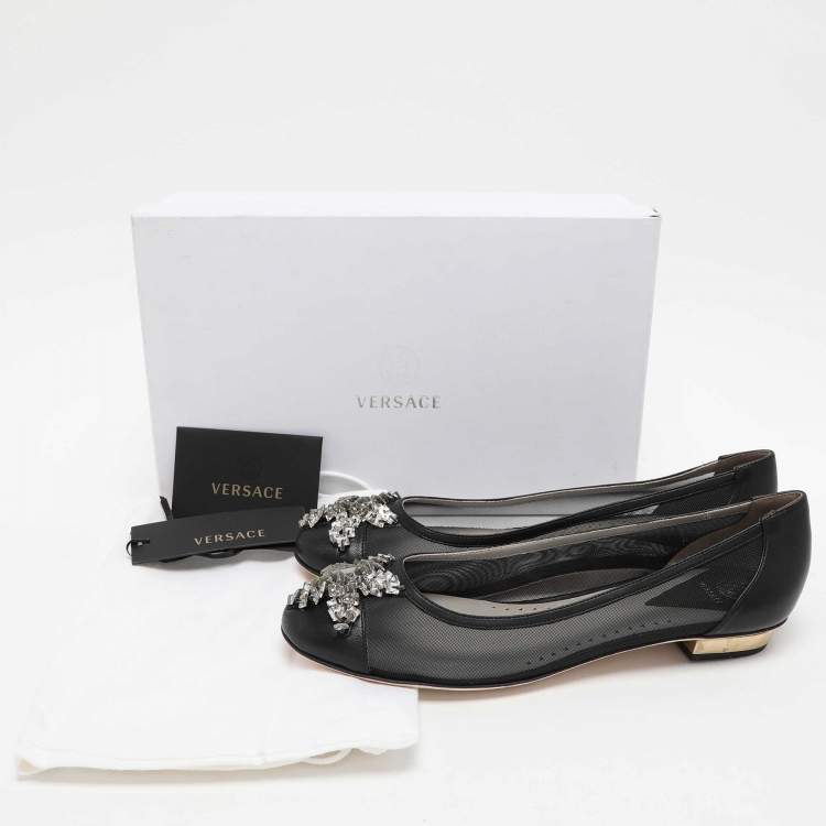 Pre Owned Versace Black Leather and Mesh Embellished Ballet Flats Size 38