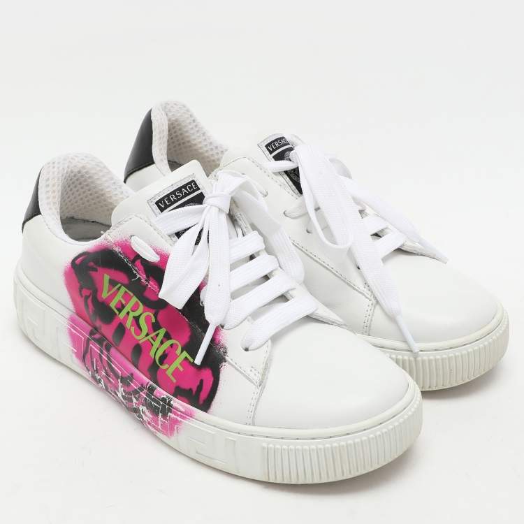 Pre Owned Versace White Leather La Greca Low Top Sneakers Size 35