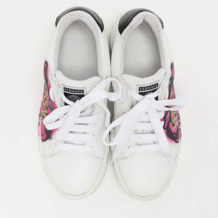 Pre Owned Versace White Leather La Greca Low Top Sneakers Size 35