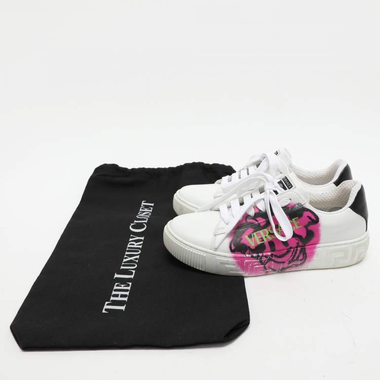 Pre Owned Versace White Leather La Greca Low Top Sneakers Size 35
