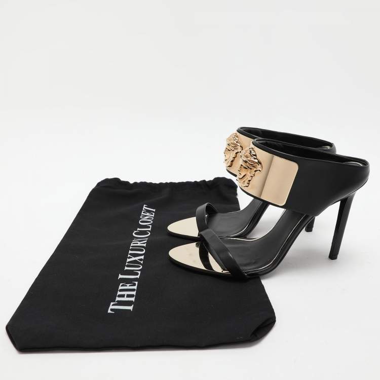 Pre Owned Versace Black/Gold Leather and Metal Medusa Slide Sandals Size 37