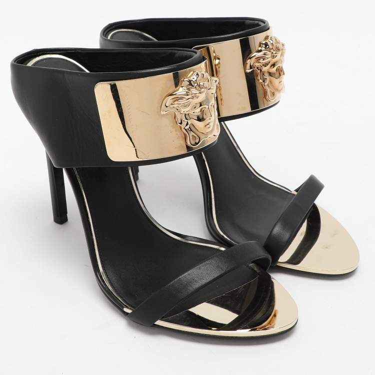 Pre Owned Versace Black/Gold Leather and Metal Medusa Slide Sandals Size 37