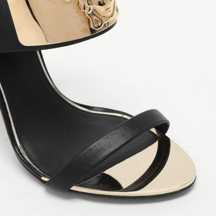Pre Owned Versace Black/Gold Leather and Metal Medusa Slide Sandals Size 37