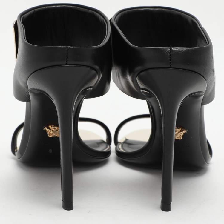 Pre Owned Versace Black/Gold Leather and Metal Medusa Slide Sandals Size 37