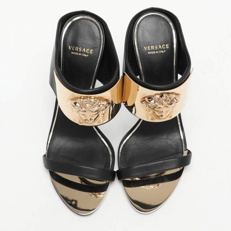 Pre Owned Versace Black/Gold Leather and Metal Medusa Slide Sandals Size 37