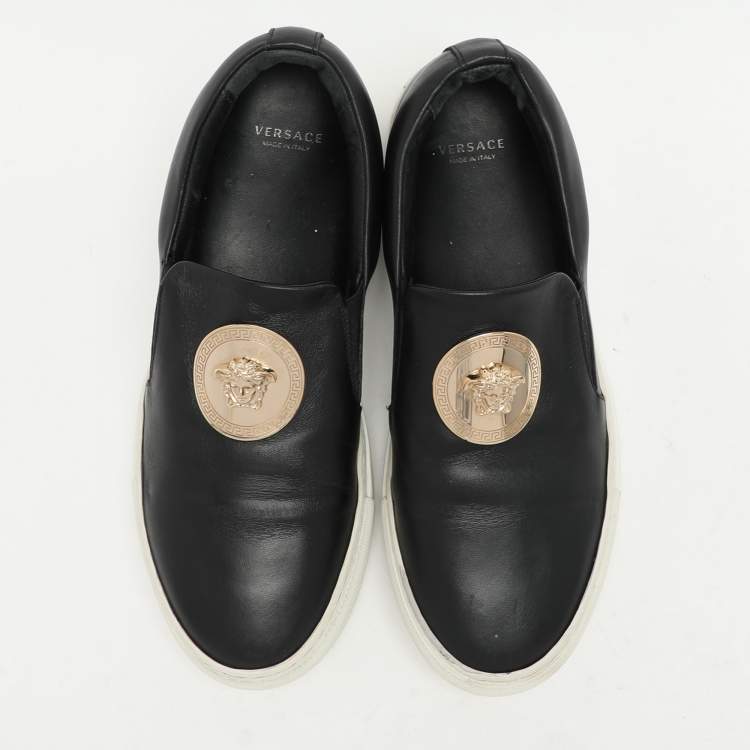 Pre Owned Versace Black Leather Medusa Slip On Sneakers Size 37