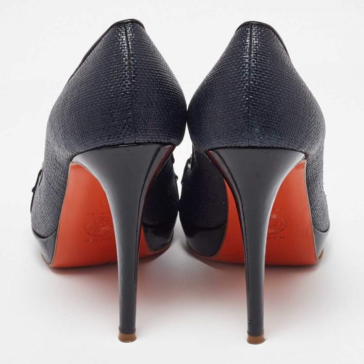 Pre Owned Versace Black Coated Raffia and Patent Leather Peep Toe Pumps Size 39