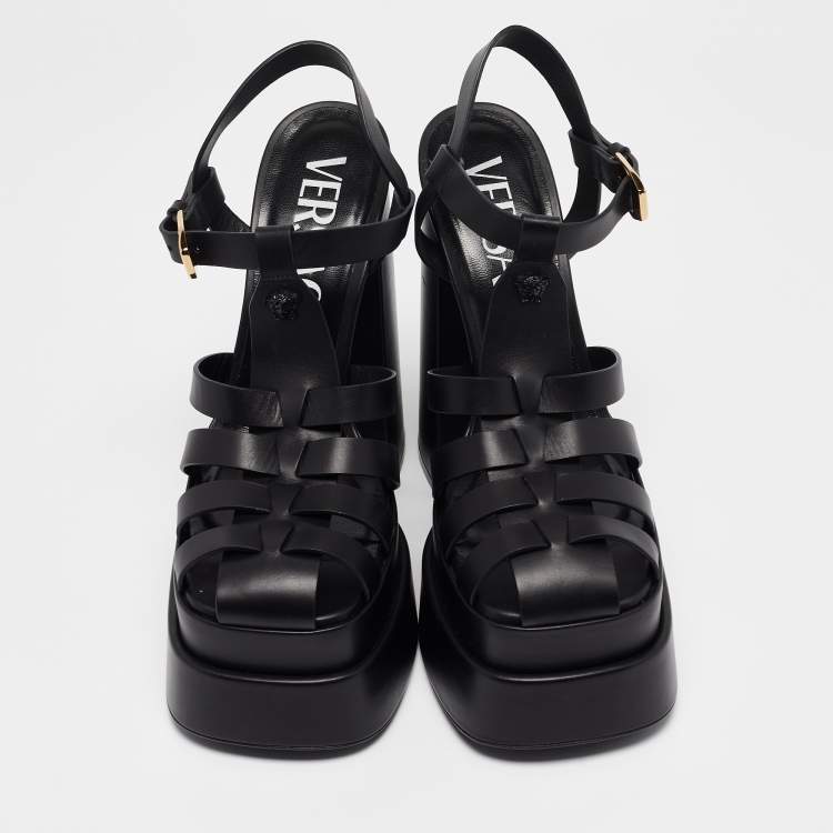 Pre Owned Versace Black Leather La Medusa Platform Sandals Size 40