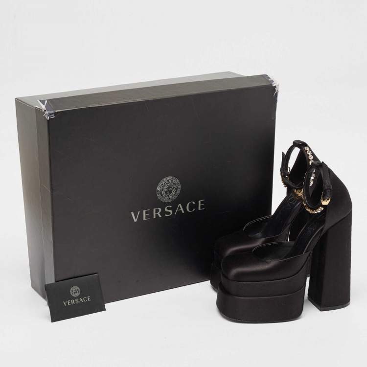 Pre Owned Versace Black Satin Medusa Aevitas Double Platform Pumps Size 35