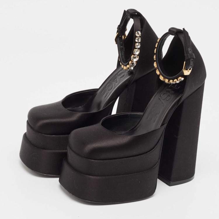 Pre Owned Versace Black Satin Medusa Aevitas Double Platform Pumps Size 35