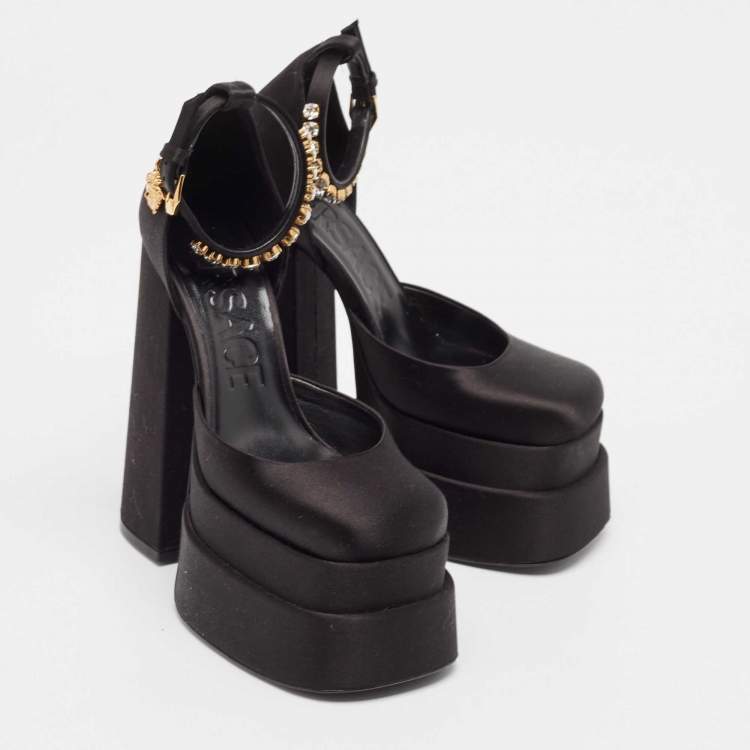 Pre Owned Versace Black Satin Medusa Aevitas Double Platform Pumps Size 35