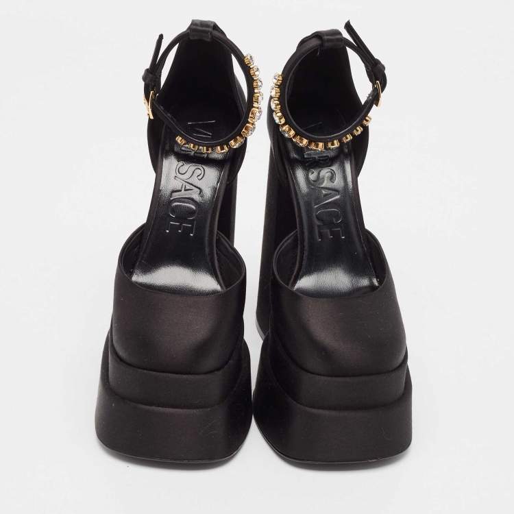 Pre Owned Versace Black Satin Medusa Aevitas Double Platform Pumps Size 35