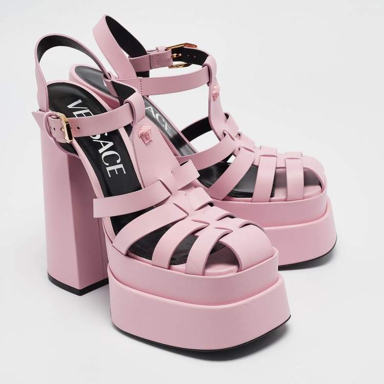 Pre Owned Versace Pink Leather La Medusa Platform Sandals Size 40