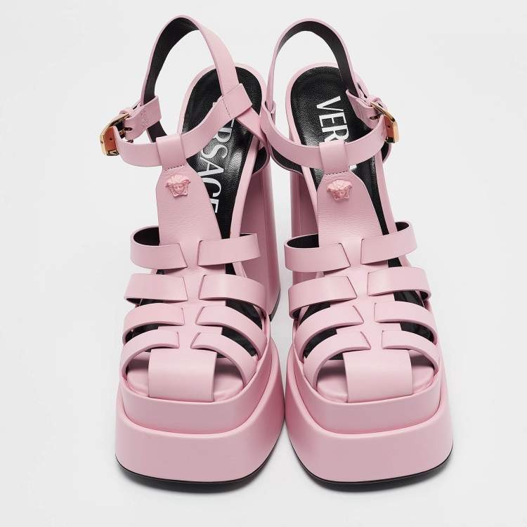 Pre Owned Versace Pink Leather La Medusa Platform Sandals Size 40