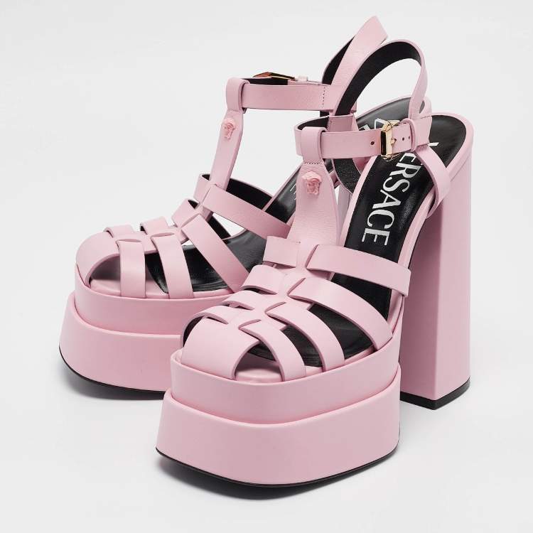Pre Owned Versace Pink Leather La Medusa Platform Sandals Size 40