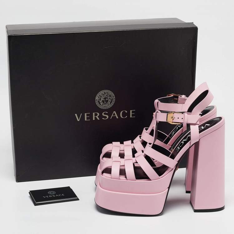 Pre Owned Versace Pink Leather La Medusa Platform Sandals Size 40