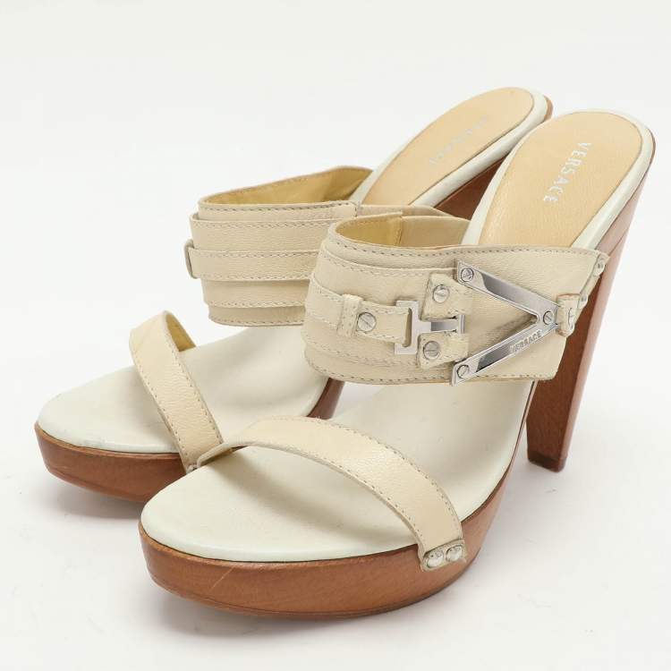 Pre Owned Versace Cream Leather Wooden Platform Slide Sandals Size 38