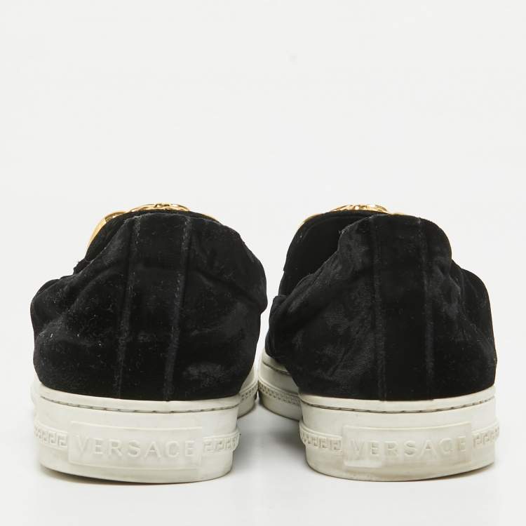 Pre Owned Versace Black Velvet Medusa Slip On Sneakers Size 41