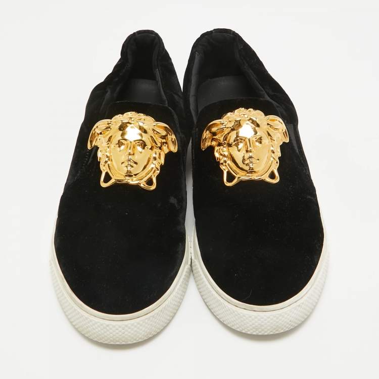 Pre Owned Versace Black Velvet Medusa Slip On Sneakers Size 41