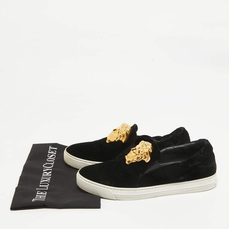 Pre Owned Versace Black Velvet Medusa Slip On Sneakers Size 41